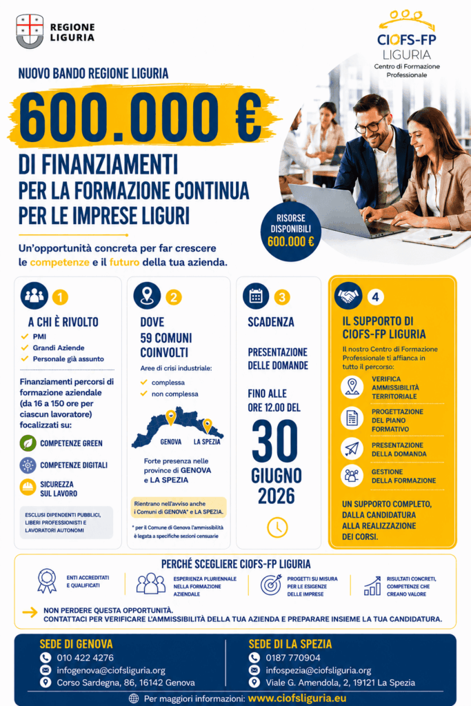 Locandina Bando Finanziamenti Formazione Continua Imprese Liguria - CIOFS FP Liguria